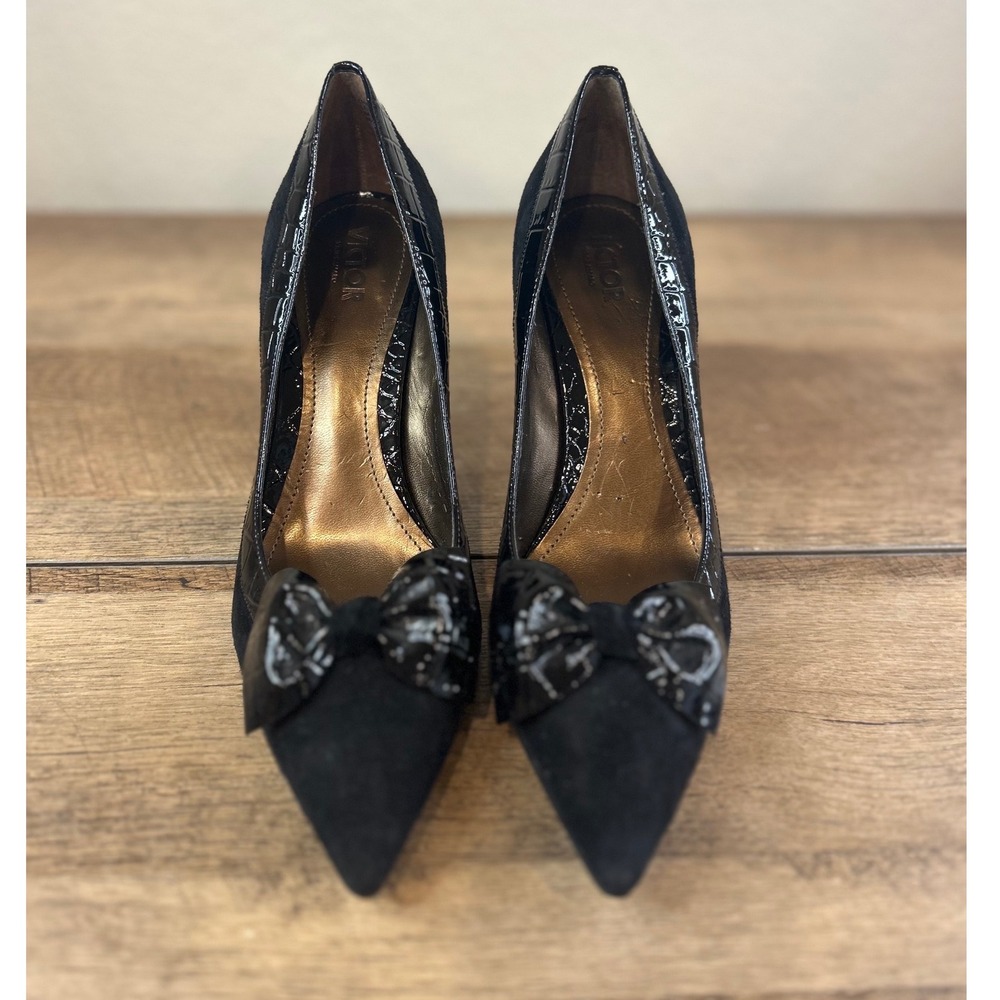 VICTOR ALFARO Black Suede Patent Bow Stiletto Heels‎ Women's Size 8M